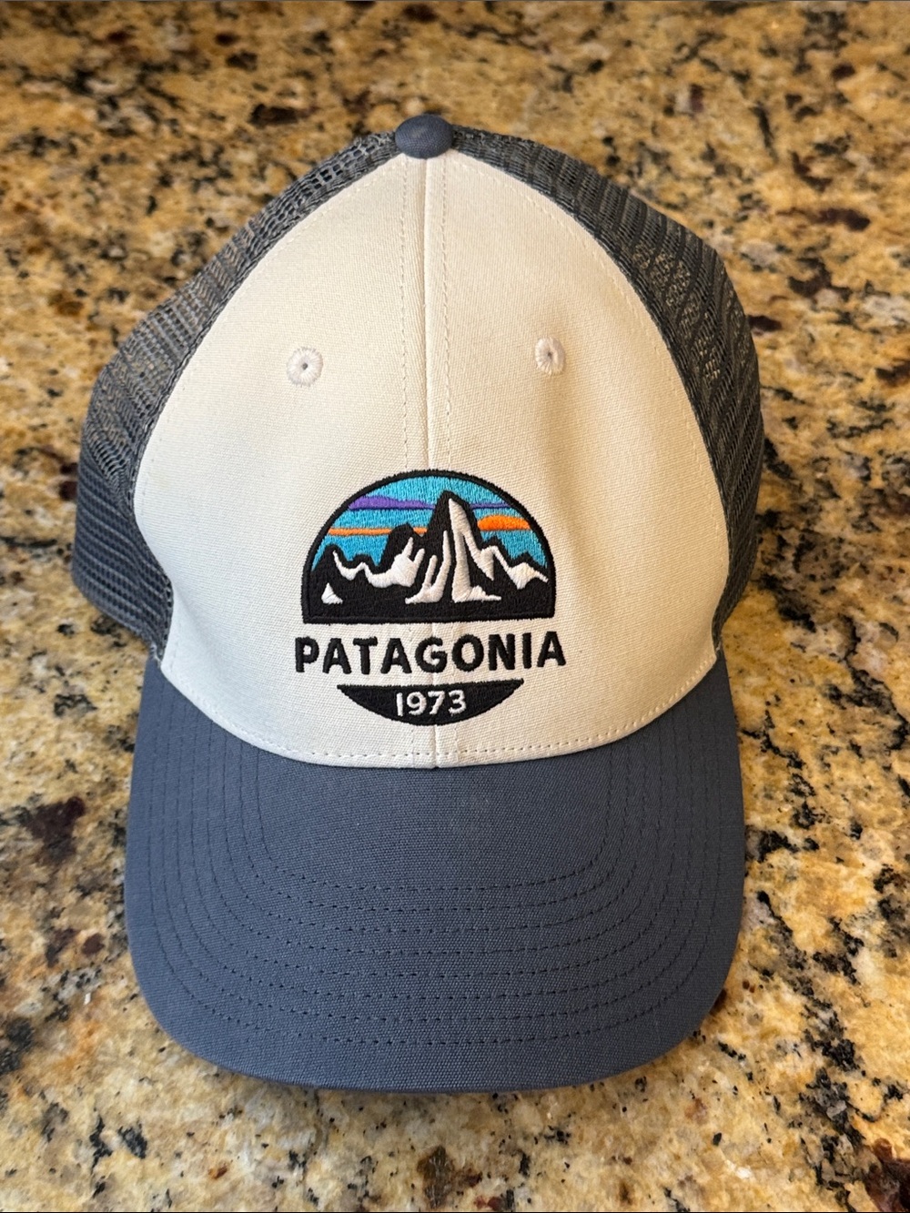 Patagonia Cream Front Gray Trucker Hat with Mountain Logo